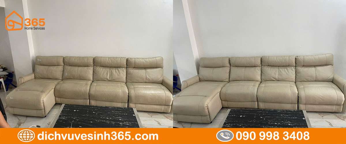Sofa da trước và sau vệ sinh
